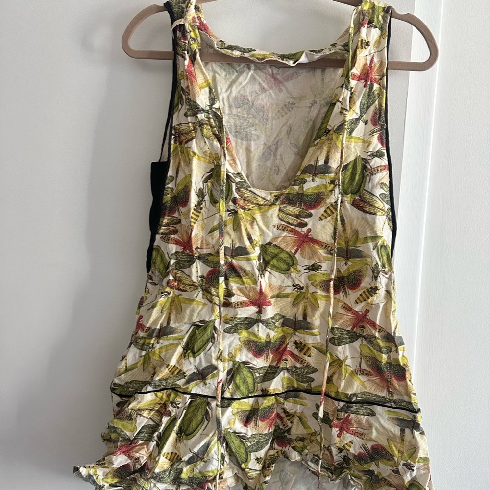 Floral Dragonfly Print Sleeveless Ruffle dress - White/Green